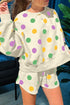 Polka Dot Print Drop Shoulder Pullover Drawstring Short Set