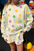 Polka Dot Print Drop Shoulder Pullover Drawstring Short Set