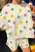 Polka Dot Print Drop Shoulder Pullover Drawstring Short Set