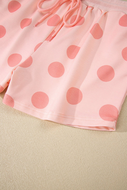 Polka Dot Print Drop Shoulder Pullover Drawstring Short Set