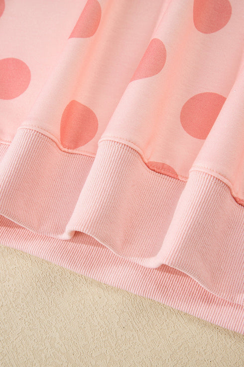 Polka Dot Print Drop Shoulder Pullover Drawstring Short Set
