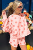 Polka Dot Print Drop Shoulder Pullover Drawstring Short Set