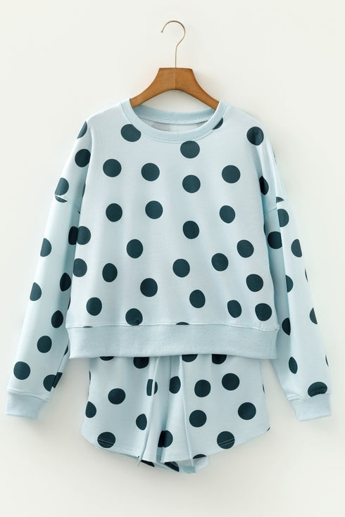 Polka Dot Print Drop Shoulder Pullover Drawstring Short Set