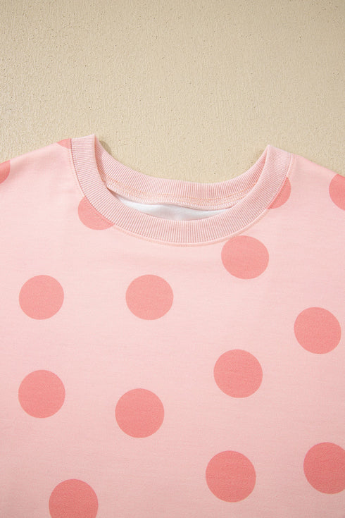 Polka Dot Print Drop Shoulder Pullover Drawstring Short Set