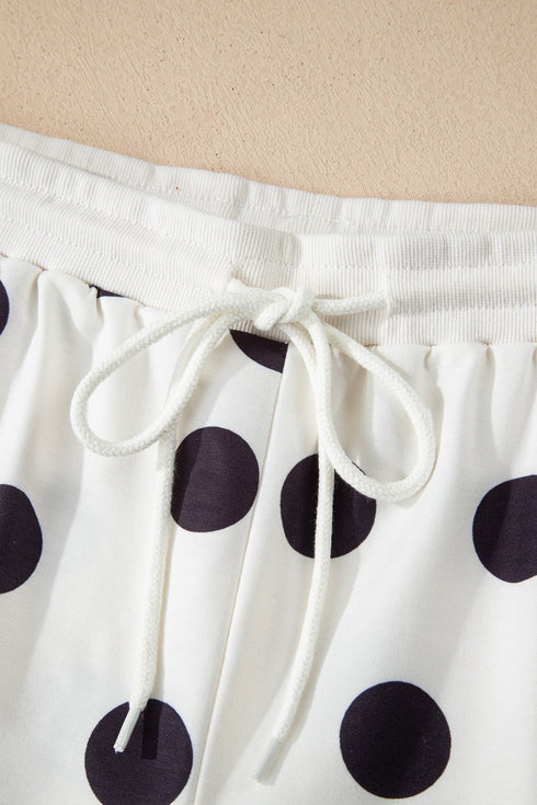 Polka Dot Print Drop Shoulder Pullover Drawstring Short Set