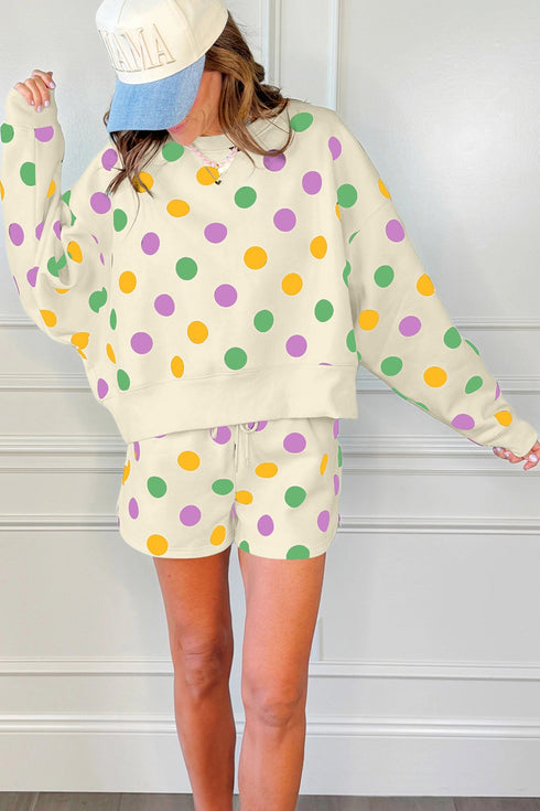 Polka Dot Print Drop Shoulder Pullover Drawstring Short Set