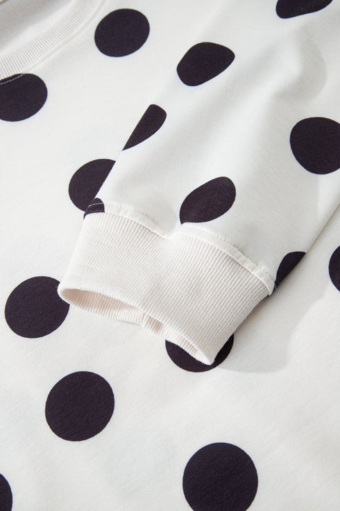 Polka Dot Print Drop Shoulder Pullover Drawstring Short Set