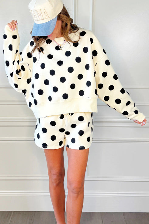 Polka Dot Print Drop Shoulder Pullover Drawstring Short Set
