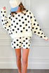 Polka Dot Print Drop Shoulder Pullover Drawstring Short Set