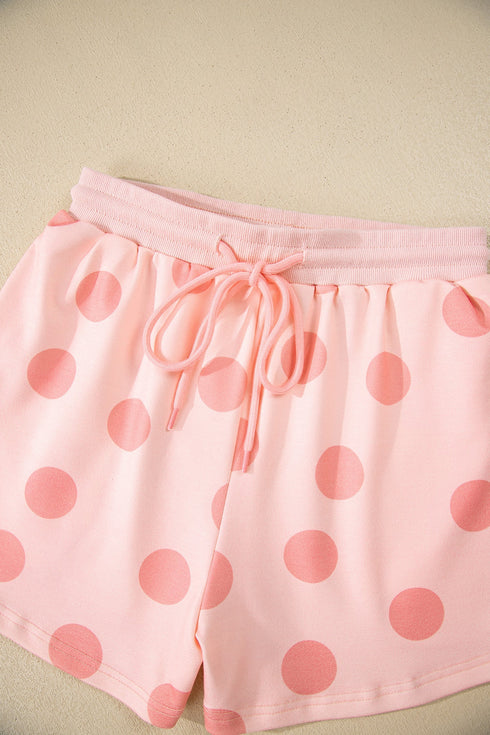 Polka Dot Print Drop Shoulder Pullover Drawstring Short Set
