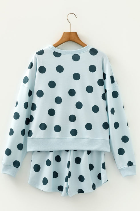 Polka Dot Print Drop Shoulder Pullover Drawstring Short Set