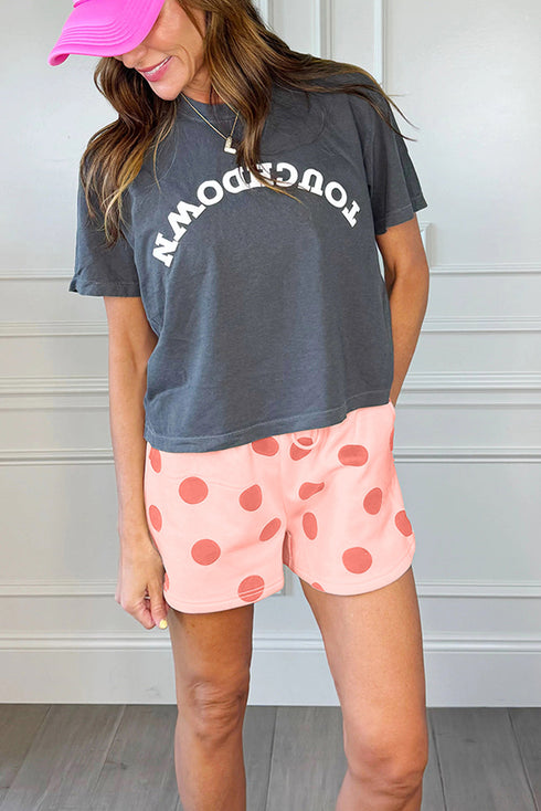 Polka Dot Print Drop Shoulder Pullover Drawstring Short Set