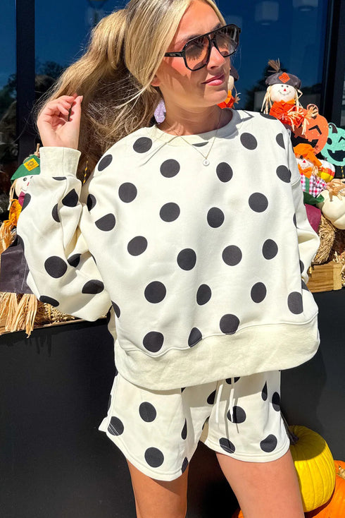 Polka Dot Print Drop Shoulder Pullover Drawstring Short Set