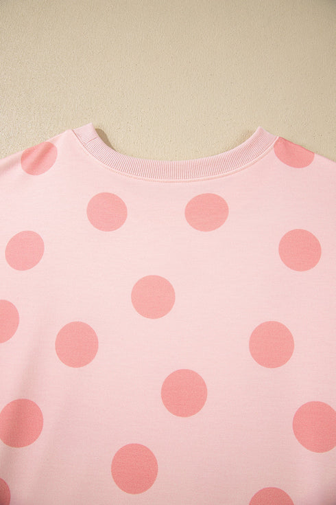 Polka Dot Print Drop Shoulder Pullover Drawstring Short Set