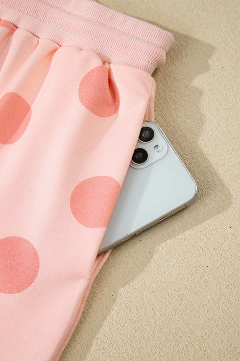 Polka Dot Print Drop Shoulder Pullover Drawstring Short Set