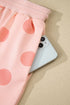 Polka Dot Print Drop Shoulder Pullover Drawstring Short Set