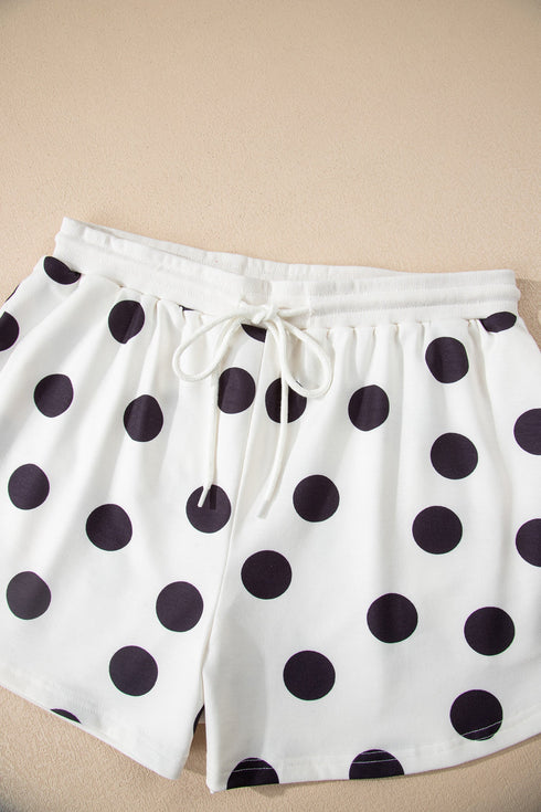 Polka Dot Print Drop Shoulder Pullover Drawstring Short Set