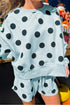 Polka Dot Print Drop Shoulder Pullover Drawstring Short Set