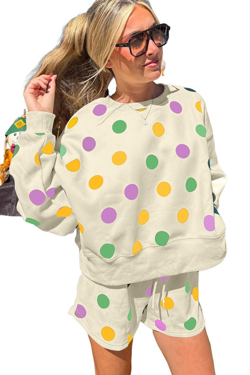 Polka Dot Print Drop Shoulder Pullover Drawstring Short Set