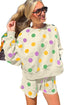 Polka Dot Print Drop Shoulder Pullover Drawstring Short Set