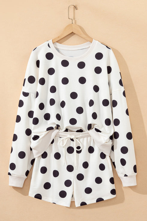 Polka Dot Print Drop Shoulder Pullover Drawstring Short Set