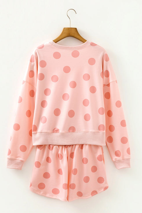 Polka Dot Print Drop Shoulder Pullover Drawstring Short Set
