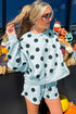 Polka Dot Print Drop Shoulder Pullover Drawstring Short Set
