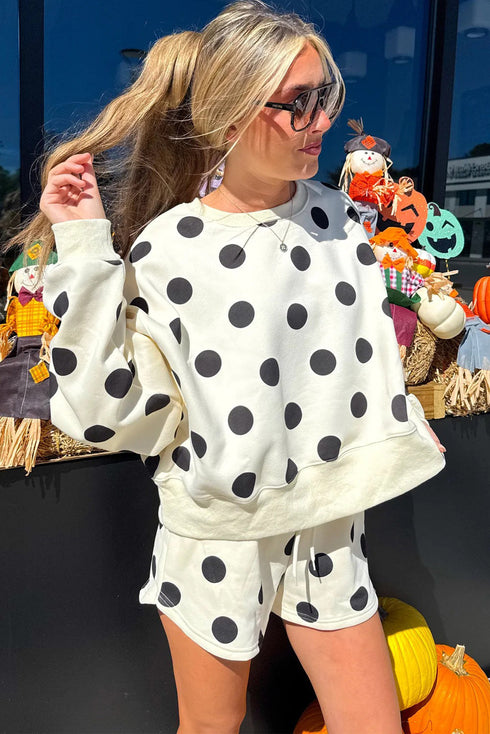 Polka Dot Print Drop Shoulder Pullover Drawstring Short Set