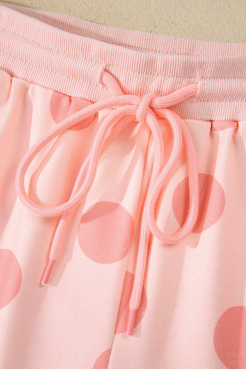 Polka Dot Print Drop Shoulder Pullover Drawstring Short Set
