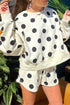Polka Dot Print Drop Shoulder Pullover Drawstring Short Set