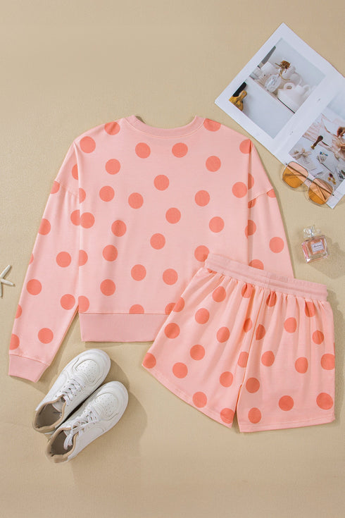 Polka Dot Print Drop Shoulder Pullover Drawstring Short Set