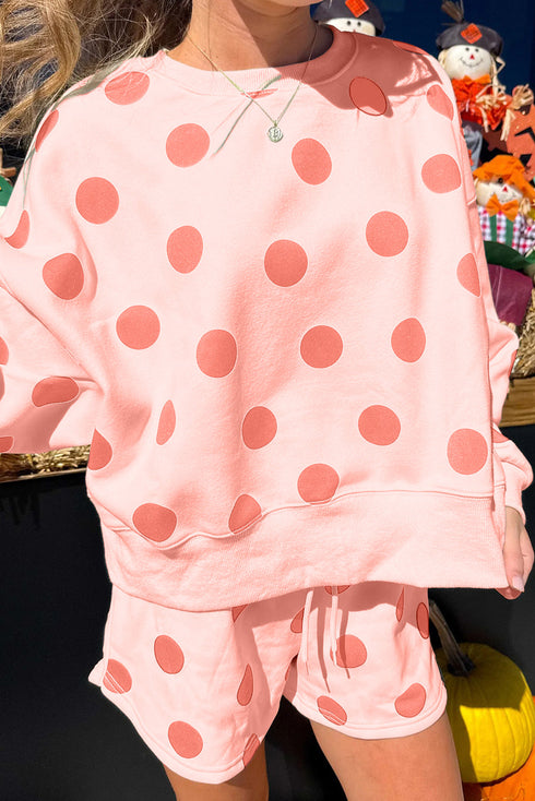 Polka Dot Print Drop Shoulder Pullover Drawstring Short Set