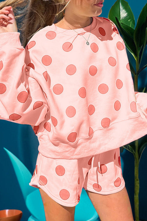 Polka Dot Print Drop Shoulder Pullover Drawstring Short Set