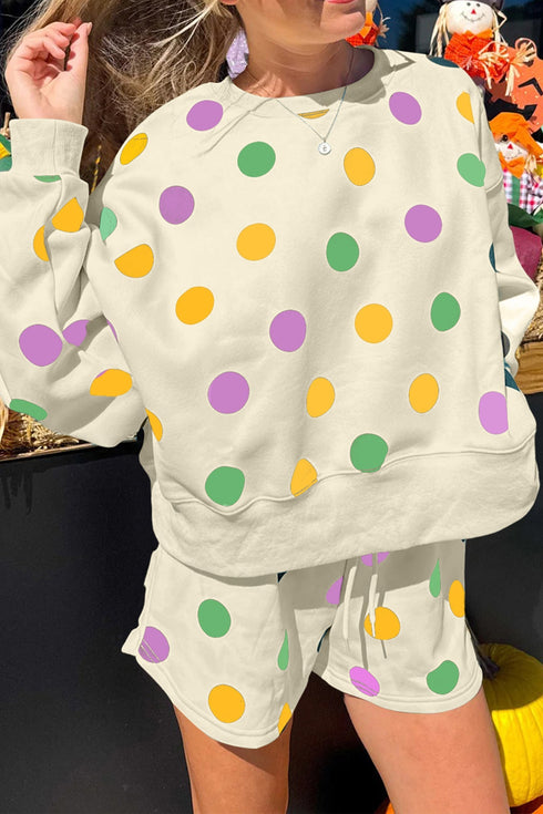 Polka Dot Print Drop Shoulder Pullover Drawstring Short Set