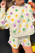 Polka Dot Print Drop Shoulder Pullover Drawstring Short Set