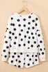Polka Dot Print Drop Shoulder Pullover Drawstring Short Set