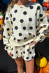 Polka Dot Print Drop Shoulder Pullover Drawstring Short Set