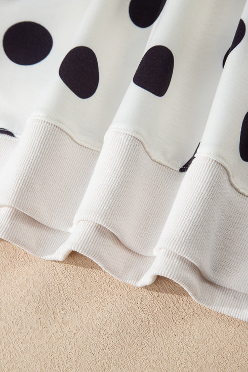 Polka Dot Print Drop Shoulder Pullover Drawstring Short Set