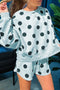 Polka Dot Print Drop Shoulder Pullover Drawstring Short Set