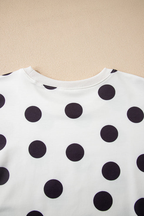 Polka Dot Print Drop Shoulder Pullover Drawstring Short Set