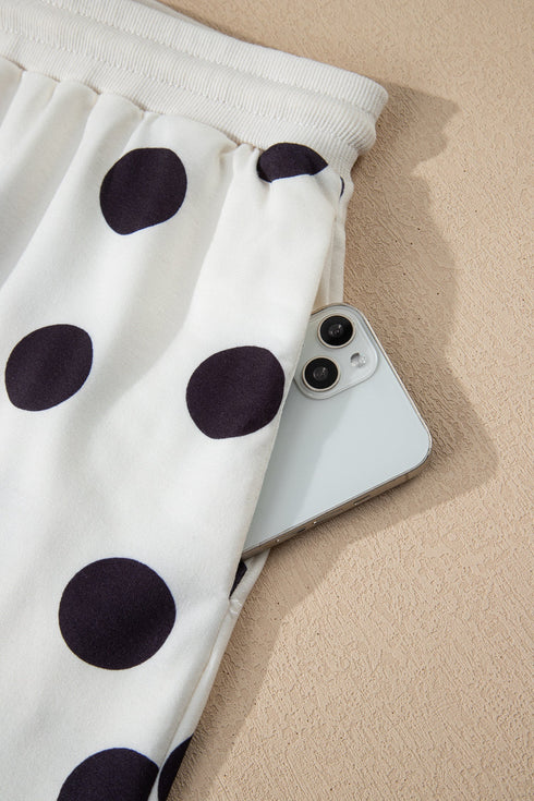 Polka Dot Print Drop Shoulder Pullover Drawstring Short Set