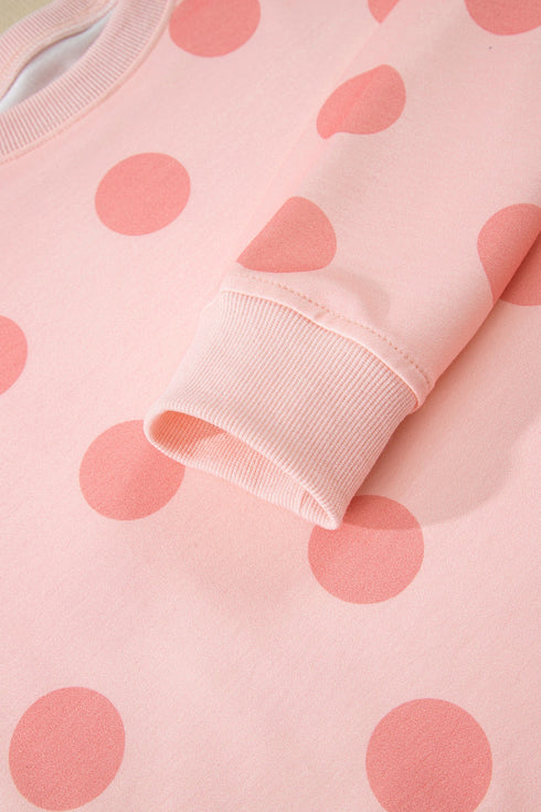 Polka Dot Print Drop Shoulder Pullover Drawstring Short Set