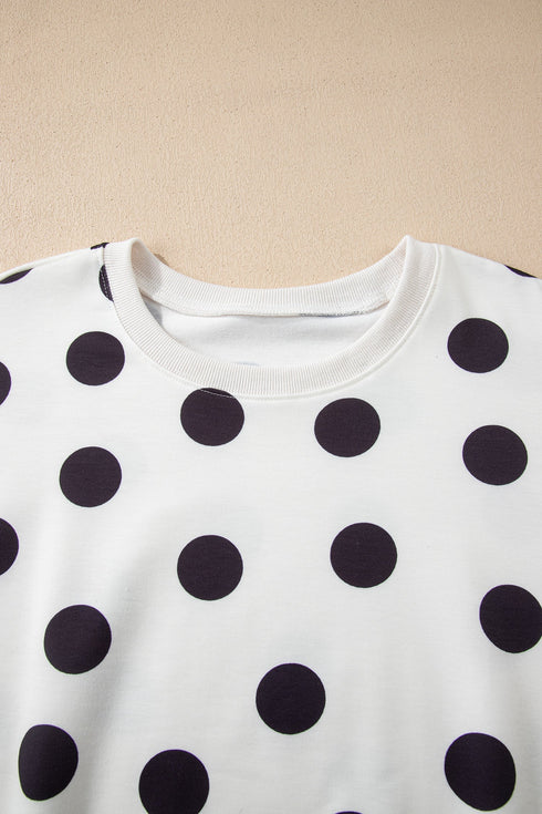 Polka Dot Print Drop Shoulder Pullover Drawstring Short Set