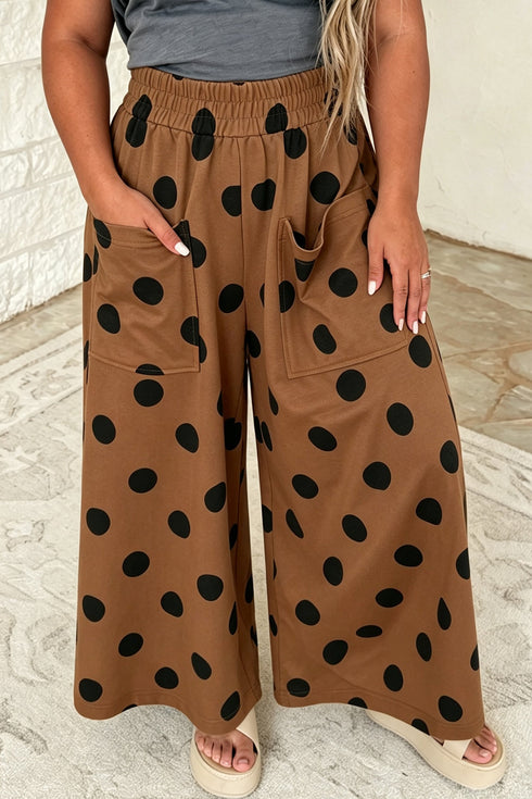 Polka Dot Print Elastic Waist Flowing Wide Leg Pants