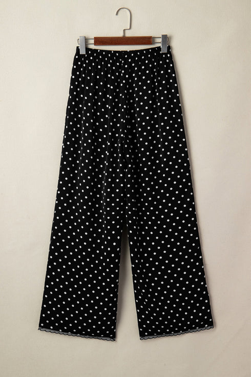Polka Dot Print Elastic Waist Lace Hem Loose Pants