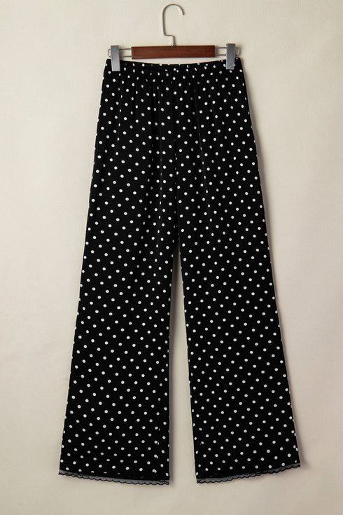Polka Dot Print Elastic Waist Lace Hem Loose Pants