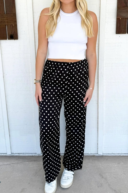 Polka Dot Print Elastic Waist Lace Hem Loose Pants