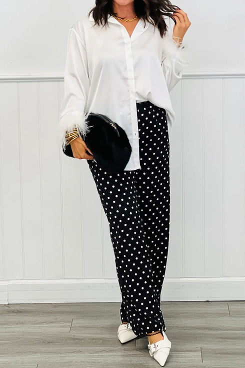 Polka Dot Print Elastic Waist Lace Hem Loose Pants