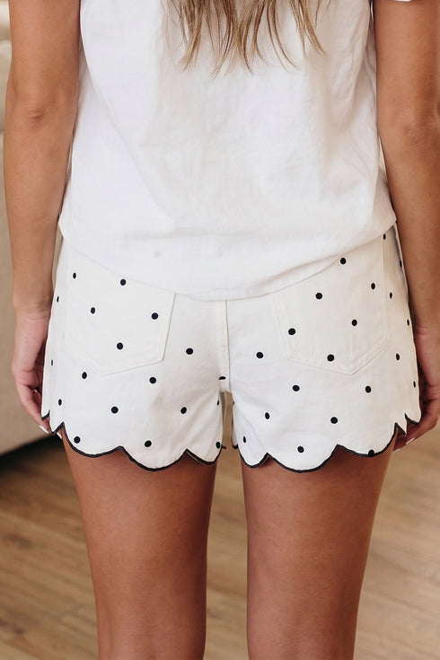 Polka Dot Print Embroidered Scallop Hem Shorts