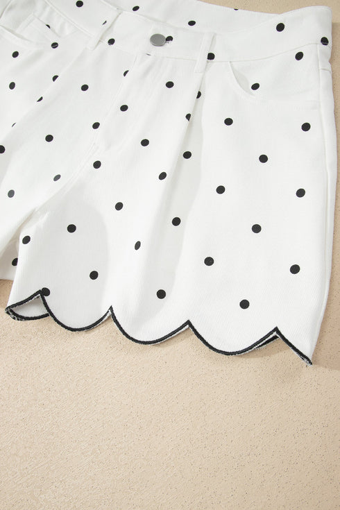 Polka Dot Print Embroidered Scallop Hem Shorts